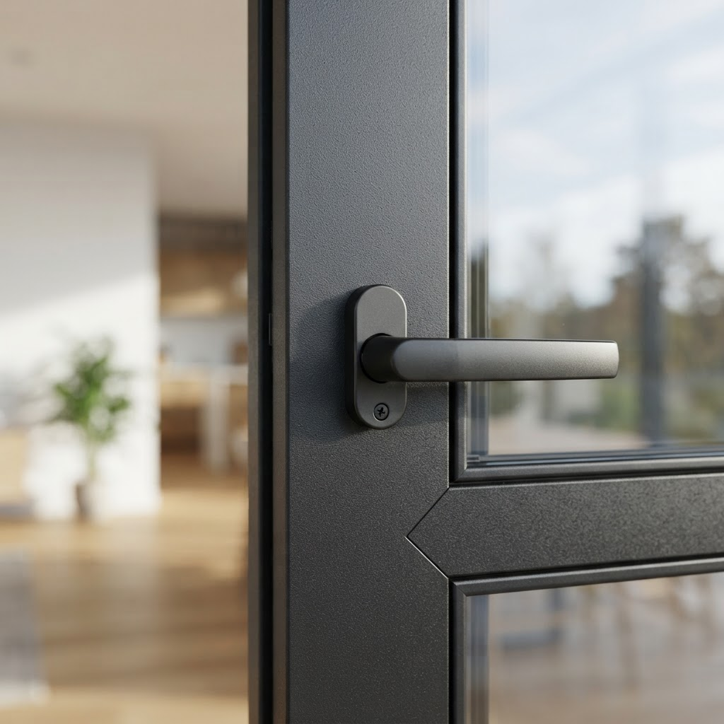 Close-up of a charcoal aluminium window frame handle