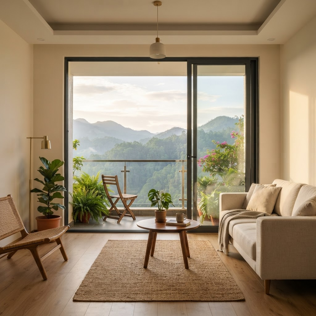 Modern living room with charcoal aluminium sliding doors opening to green hills